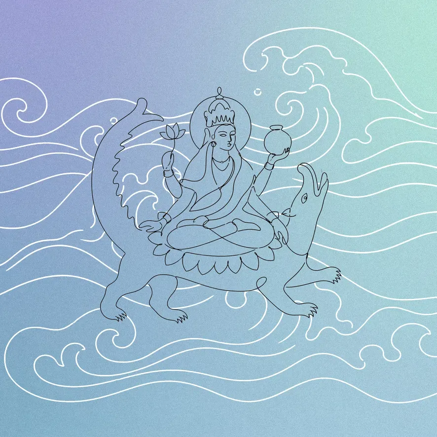 Kresba bohyne na lotose na pozadí vĺn