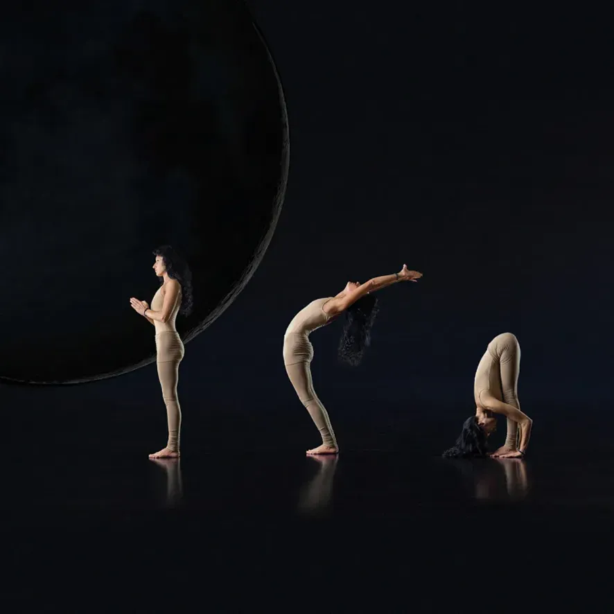Opening postures of the moon salutation before a lunar disc: standing, backbend and forward bend