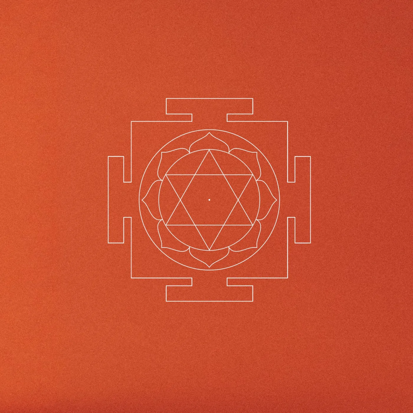 A yantra with a six-pointed star in a circle, white drawing on an orange background