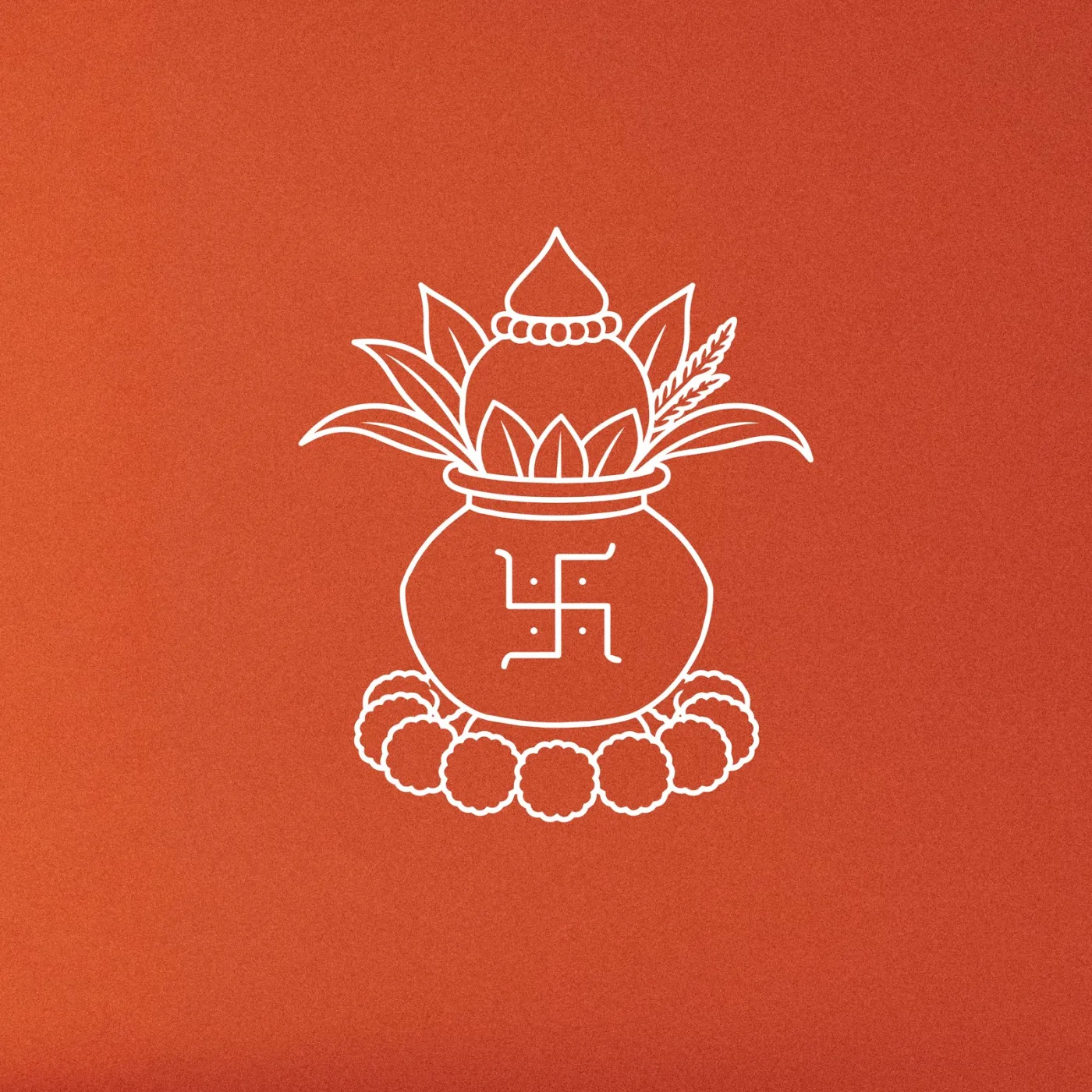 A kalasha, a sacred vessel with leaves and a fruit, white drawing on an orange background